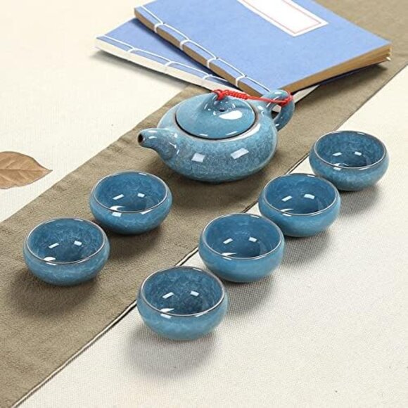 7 pcs Blue Ceramic Porcelain Traditional Tea Set - Picture 1 of 5